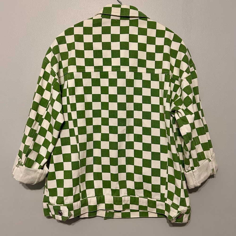 Green Checkerboard Denim Jacket | Timing Size S | Retro Streetwear Shacket - Picture 2 of 3